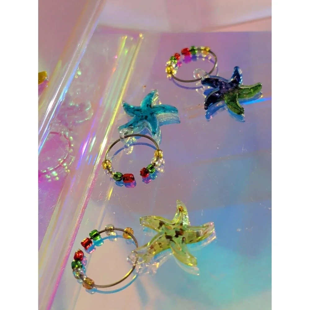 Vintage Glass Starfish Wine Glass Charms Set of 6 Multicolor Coastal Beaded